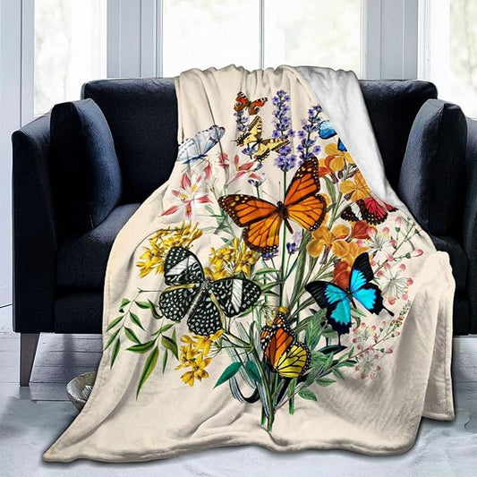 Butterfly Blanket Beautiful Butterfly Throw Blanket Ultra Soft Flannel Vintage Botanical Butterflies Blanket Gifts for Kids Adults 60"X50"