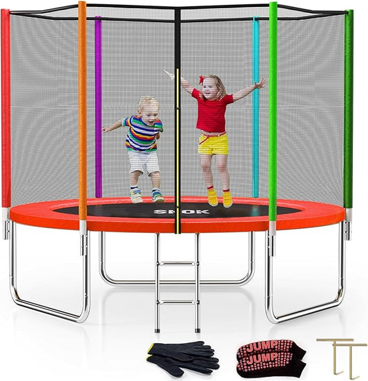 SKOK Trampoline 8FT 10FT 12FT 14FT 15FT Trampolines with Enclosure Net, 400LBS Outdoor Trampolines for Kids with Basketball Hoop-ASTM Approved Trampoline for Children and Adults with Ladder