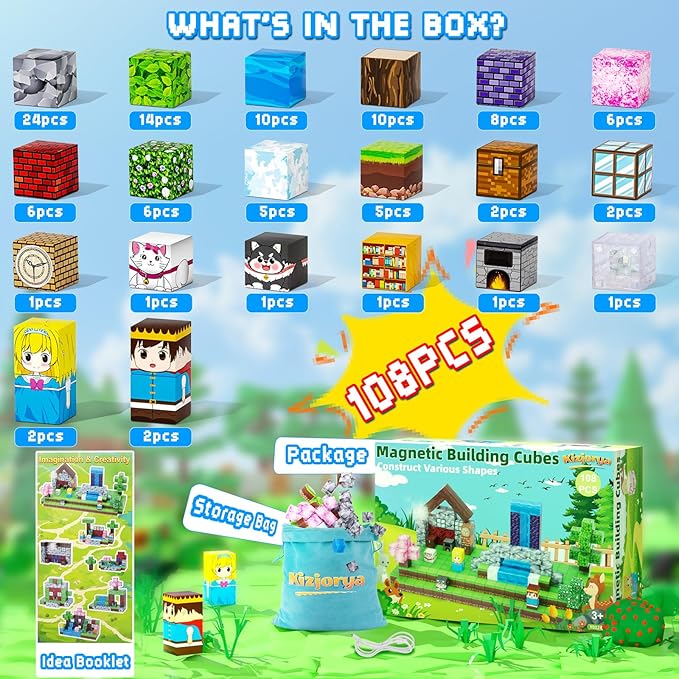 Magnetic Blocks, 108PCS Magnetic Building Blocks for Kids, STEM Build Magnets Forest World Set for Toddler Birthday Xmas Gifts, Montessori Sensory Toys for Boys Girls Aged 3-12, 1" Magnet Cubes