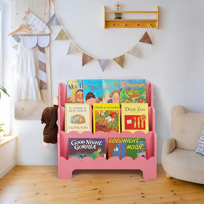 Kids Bookshelf Wooden 3-Tier, Scalloped Book Shelf for Kids Rooms, Front Facing Toddler Montessori Bookshelf, Baby Nursery Book Shelves Kid Classroom Book Shelf Bookcase