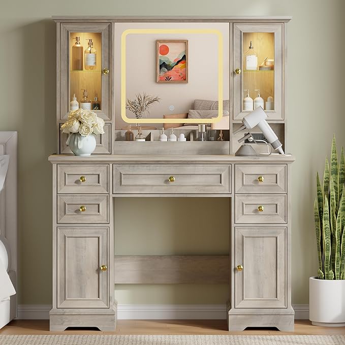 43'' Makeup Vanity with Mirror and Lights, Farmhouse Vanity Desk with Drawers & Charging Station, 3 Lighting Modes & Adjustable Brightness, Glass Cabinet, Dressing Table for Bedroom, Grey