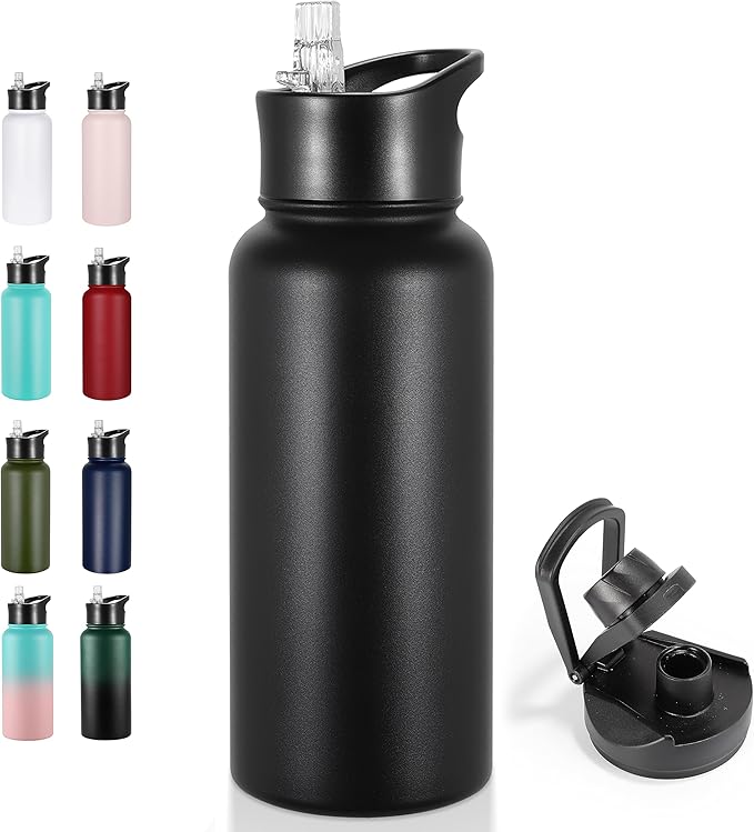 VEGOND 32 oz Insulated Water Bottle Stainless Steel Metal Water Bottles with Leak Proof Straw Lid & Spout Lid, Wide Mouth Double Walled Vacuum Travel Sports Bottle, Black