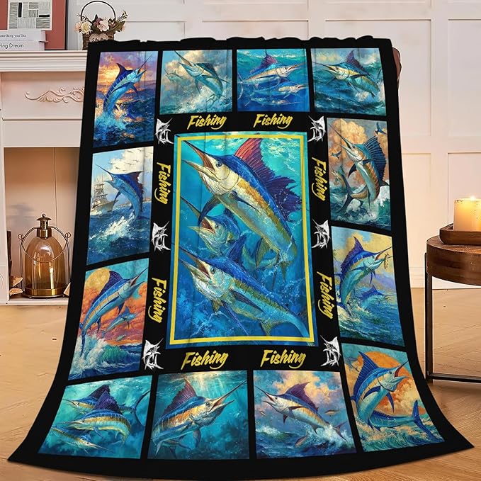 Fish Throw Blanket Fishing Marlin Stuff Gifts for Kids Girls Boys Adults Women Men Soft Cozy Warm Plush Fluffy Fuzzy Fleece Blanket Decor 50''X60''