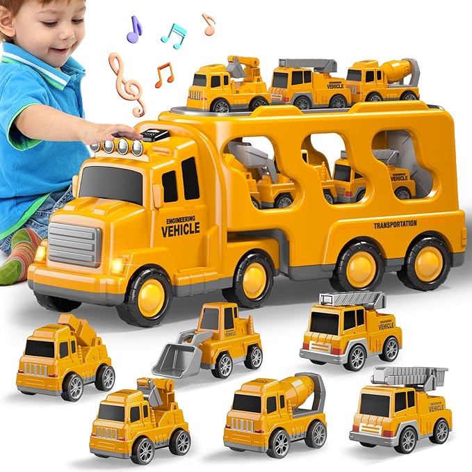 7 in 1 Construction Trucks Cars for Toddlers 3-5, Boy Toddler Car Truck Toys with Light Sound, Birthday Gifts for 3 4 5 6 Year Old Boy