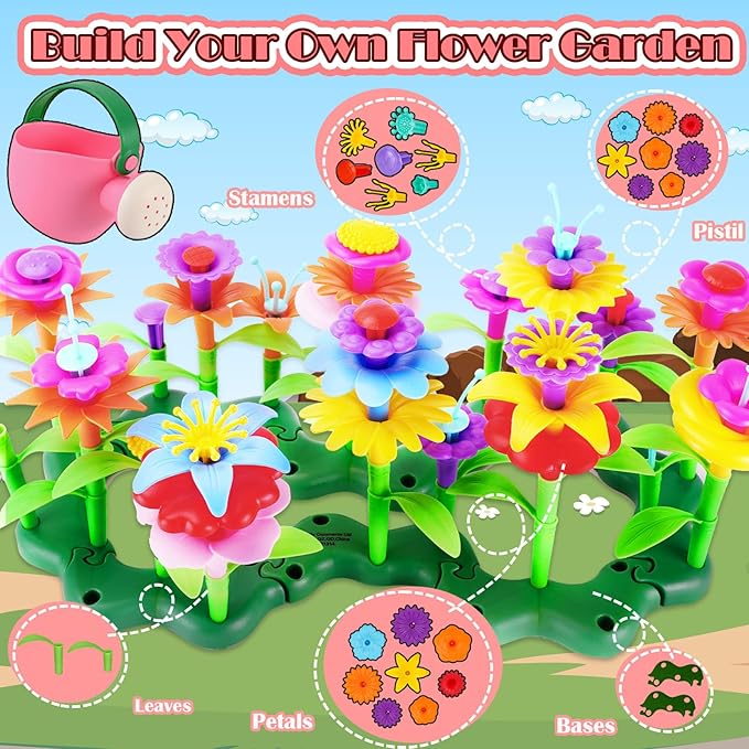 FUNZBO 109pcs Flower Garden Building Toy Set - Christmas Spring Toys for 3 4 5 6 7 Years Old Girl, STEM Montessori Educational Toy for Kid Toddler, Sorting & Stacking Building Block Birthday Gift