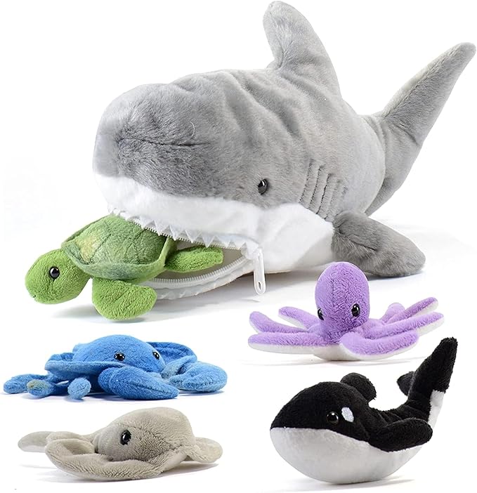 PREXTEX Plush Toy Shark Stuffed Animal with 5 Sea Animals - Shark Plush Toy with Turtle, Whale, Octopus, Stingray, Crab - Giant Stuffed Animals for Kids Aged 3 and Up - Fun Gift for Sea Animal Lovers