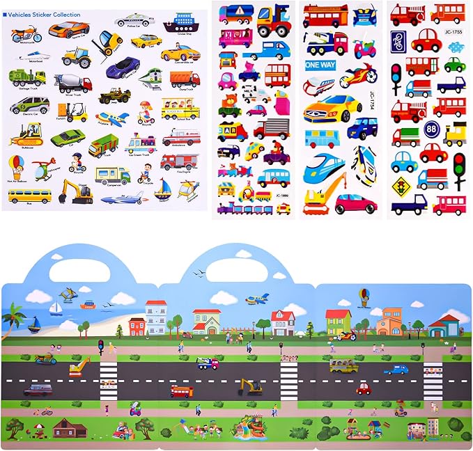 ASTARON 88 Pcs Vehicle Sticker Book for Toddlers, Reusable 3D Sticker Books Road Trip Activities Car Airplane Activities Travel Toys for Kids(2-6 Age)