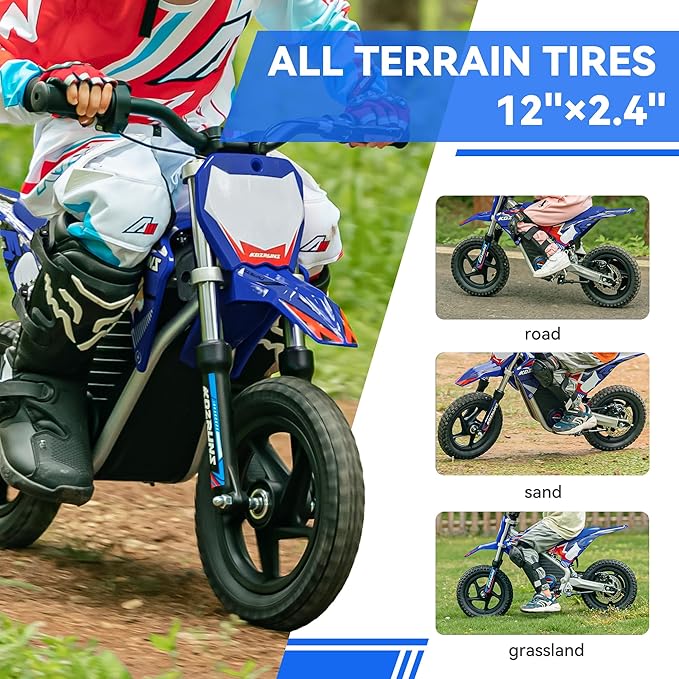 Electric Dirt Bike for Kids, Powerful Motorcycle for Ages 3-6, 24V 2.6Ah Lithium Battery, Dual Shock Absorption, 2 Speed Modes, Safe Disc Brake, 12Inch Off Road Tires, Blue