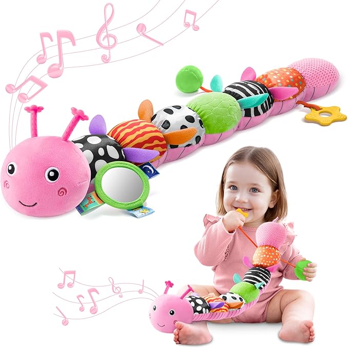 Baby Toys 0-6-12 Months,Musical Caterpillar Stuffed Animals Activity Infant Toys with Crinkle,Rattles,Mirror&Pull String,Muti-Sensory Toys Gifts for Newborn Tummy Time,Candy Pink|Leafy