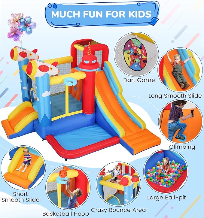 Inflatable Bounce House Water Slide, 7-in-1 Bouncy Castle Combo Water Pool & Bouncing Area & Slides & Basketball Game & Dart Game, Jump House for Kids Aged 3-10 w/Storage Bag, Orange