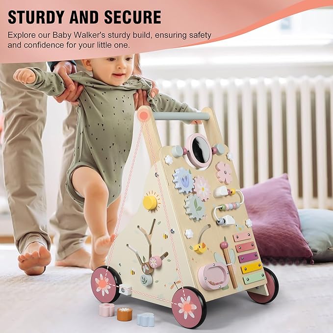 Wooden Baby Walker, Baby Push Walker, Push Walker Toys for Babies Learning to Walk & Sit-to-Stand, with Montessori Sensory Toy & Activity Center for Girls Boys