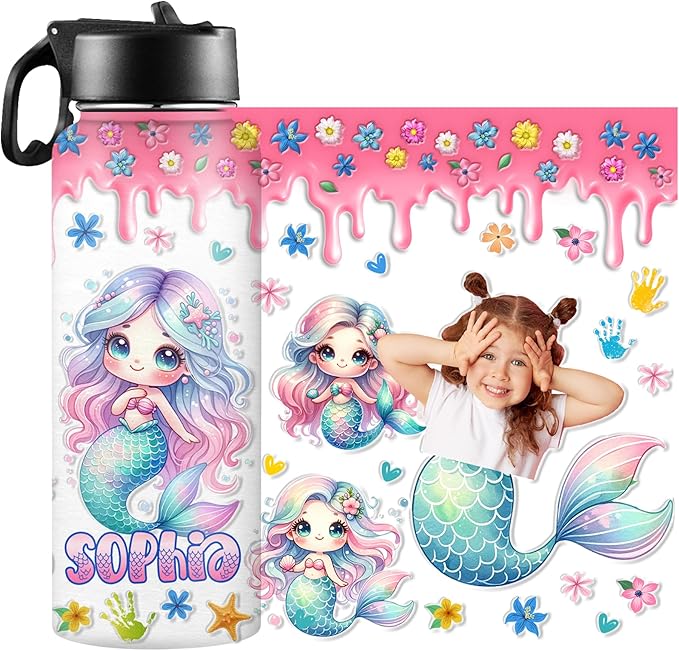 Personalized Water Bottles with Straw Lid Custom Water Bottle Personalized Names Thermos Stainless Steel Double Wall Insulated Cup Customized Gifts for Kids Women Men School Sports Style 06