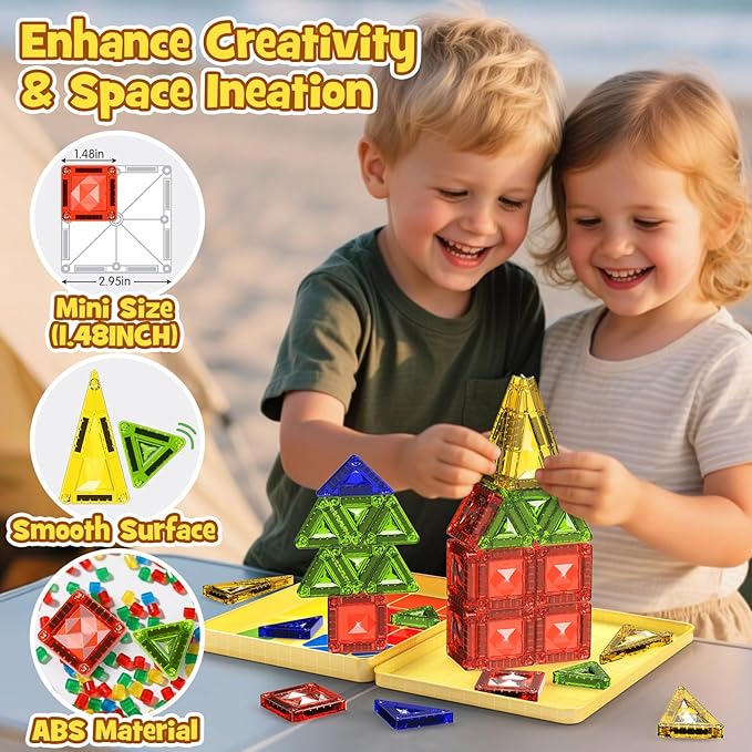 Mini Magnetic Tiles Travel Set - 40PCS Diamond Texture Magnetic Building Blocks for Kids, 10% Thicker & Portable Yellow Metal Storage Box, Montessori STEM Educational Toys Gift for Ages 3+