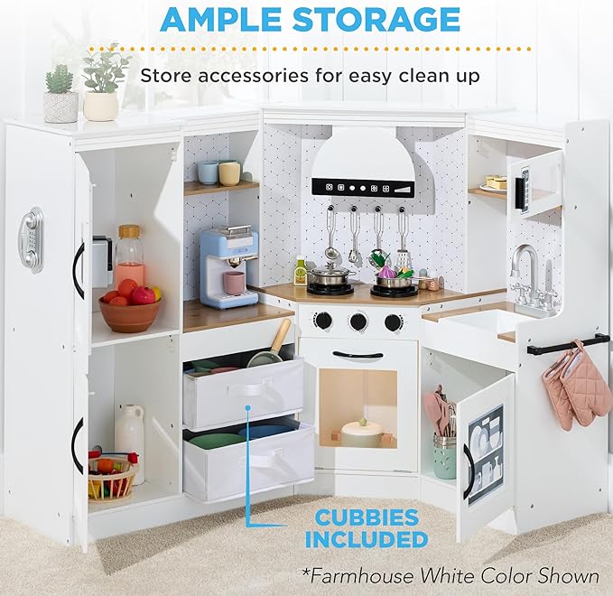 Best Choice Products Pretend Play Corner Kitchen, Ultimate Interactive Wooden Kids Playset w/Lights & Sounds, Ice Maker, Hood - Cream