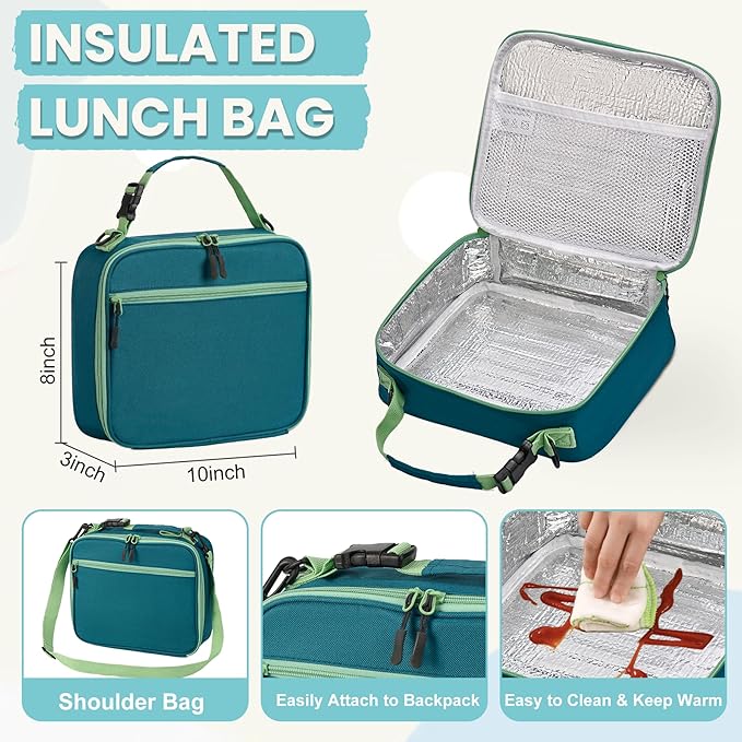 PIQUEBAR Kids Lunch Bento Box with Thermo Ice Pack Food Container with Insulated Lunch Bag, Insulated Water Bottle with Straw for Girls Boys, (A-Green)