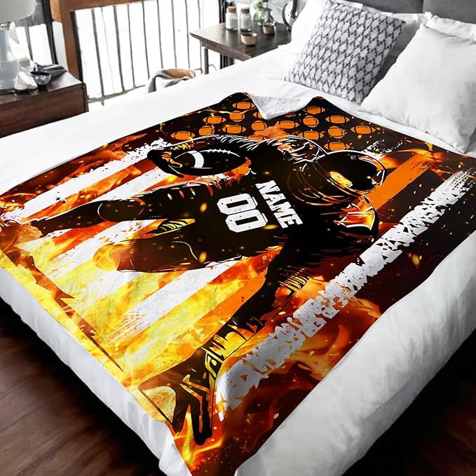 Personalized Blanket for Boys Men, Football Blanket Gift for Football Lovers, Custom Name Sport Blanket for Kids Teens, 50x60 Inches Soft Flannel Throws for Couch Sofa Bed