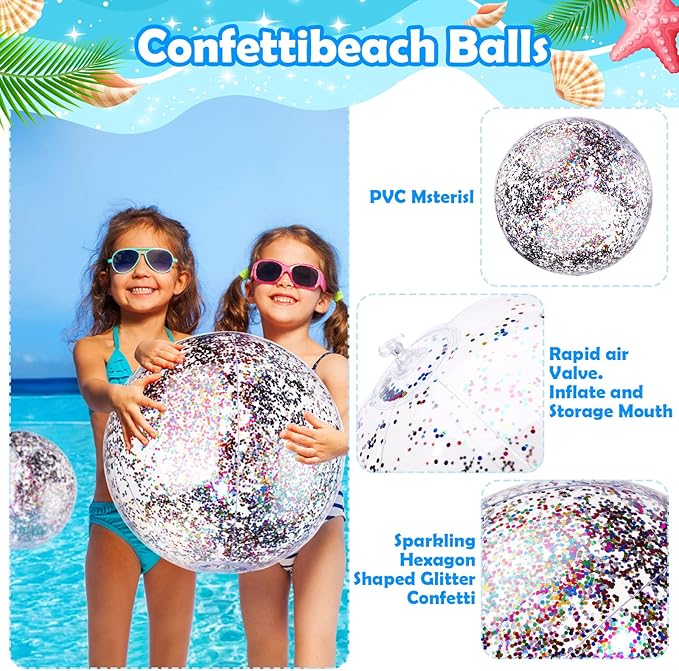 Chivao 18 Pcs Sequins Beach Ball 24 Inch 16 Inch Clear Inflatable Glitter Summer Swimming Pool Balls Wedding Outdoor Floatable Decor Confetti Decor for Beach Party(Multi Color)