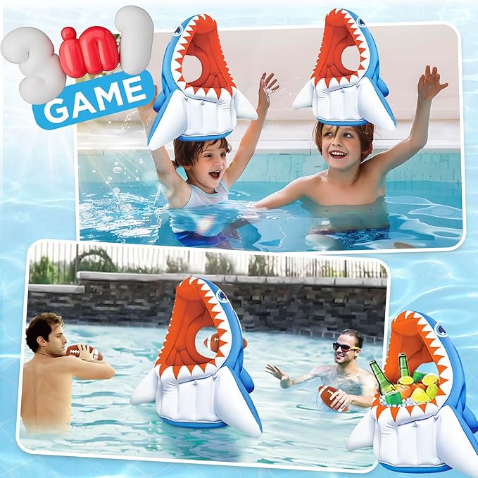 Pool Wave Kids Shark Pool Toy, 3-in-1 Inflatable Float Water Game Basketball Football Head Hoop Toss, Toddler Outdoor Summer Swimming Floating, Cool Family Party Gift Age 3 4 5 6 7 8 Year Old Boy Girl