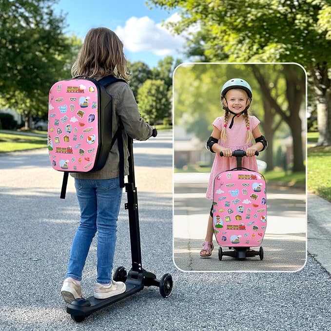 smilesun 4-in-1 Detachable Scooter Luggage for Kids & Teens, Foldable Hardside Ride On Suitcase with Wheels, Stylish and Safe Design(Pink)
