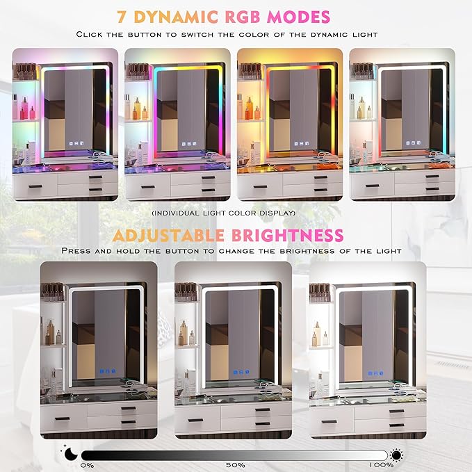 HNEBC Vanitys with HD Glass Display Table, Makeup Desk with Lighted Mirror and Charging Station, Dressing Table with RGB Lights,Jewelry Organizer,Cabinet,6Drawers,Chair for Women/Girls (White)