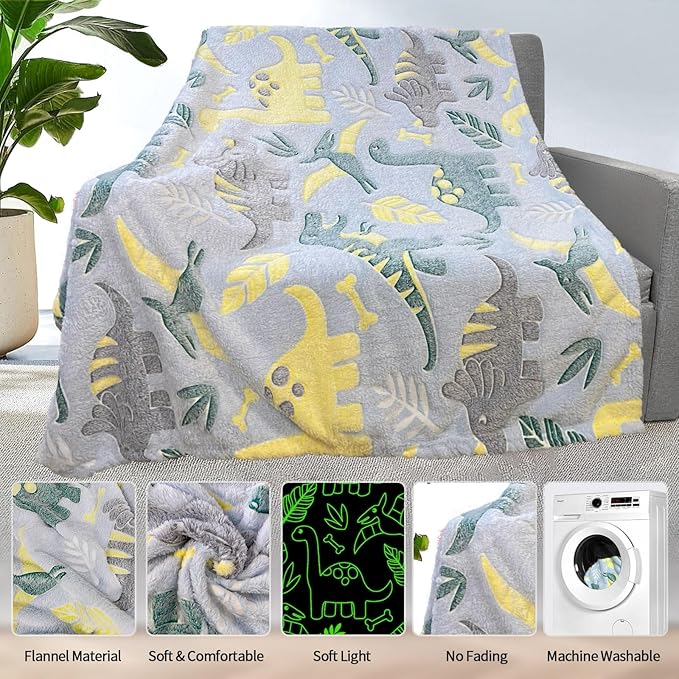 Personalized Dinosaur Glow in The Dark Blanket, 40"x50", Soft Fleece Throw for Boys and Toddlers