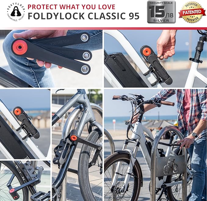 Seatylock FoldyLock Classic Folding Bike Lock - Patented High Security Sold Secure Silver Bicycle Lock - Heavy Duty Anti Theft Secure Guard with Keys & Case Mount - 37.4"