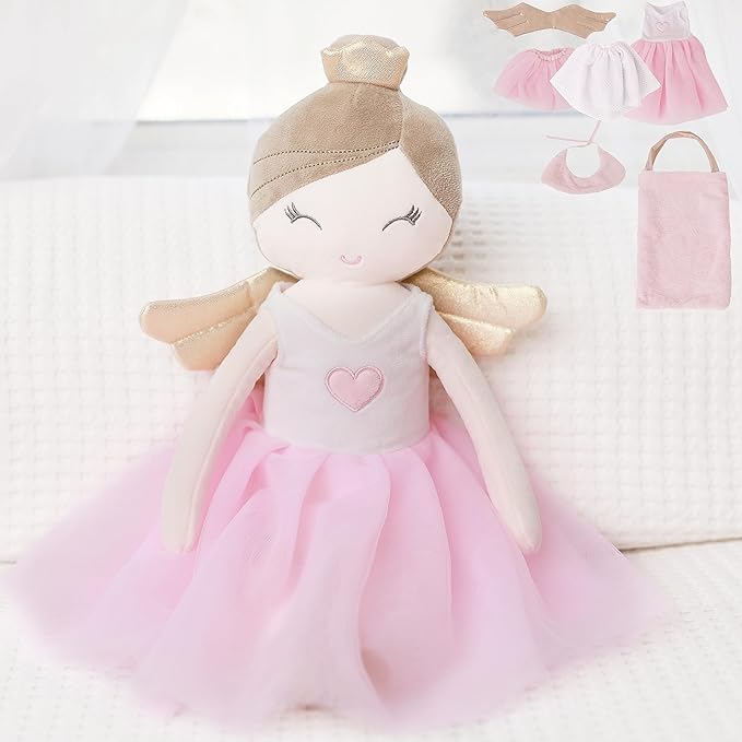 Perfectto Design Ballerina Princess Doll Stuffed Animal for Girls Toy Set - Bag, Tutu, Wings Play for 3 4 5 Year Old Girl Gift for Little Girl, Birthday, Christmas Age 3-9
