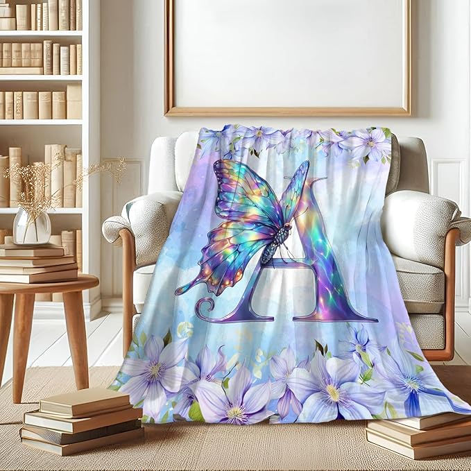 Monogram Blankets for Adults, Initial Letter Blanket for Girls, 80 x 60 Inches Butterfly Throw, Gift for Butterfly Lovers, Cozy Warm Flannel Throw for Bed, Sofa Living Room