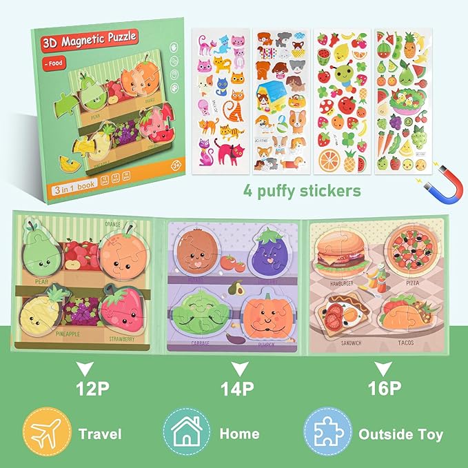 ASTARON 3D Magnetic Puzzle with 80 Puffy Stickers for Toddlers, 42 Pieces 3-in-1 Food Puzzles Preschool Education Learning Travel Toys Car Plane Activities for Kids Road Trip Birthday Gifts