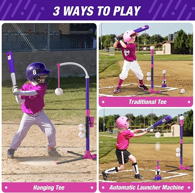 Baseball Set - 3 Ways to Play, Adjustable Height, Easy to Assemble, Safe & Sturdy, Ideal Sport Gift for Kids