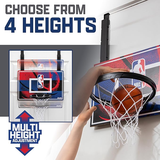 Franklin Sport NBA Grow-with-Me Kids Mini Basketball Hoop Set - Over The Door Indoor Hoop for Kids - Includes (1) Adjustable Height Basket, (1) Mini Youth Basketball + Air Pump - Ages 3+