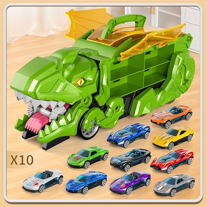 Toddler Truck Toys for 3 4 5 6 Years Old Boys, Toys Cars Track Set Dinosaur Transporter Truck with 10 Die-Cast Car Toys, Toddler Car Toys Gift Set for Kids Boys Girls