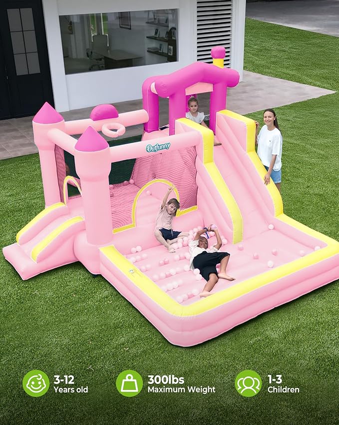 Inflatable Bounce House, Large Bouncy Castle for Kids with Slide, Outdoor & Indoor, 450W Blower - Pink