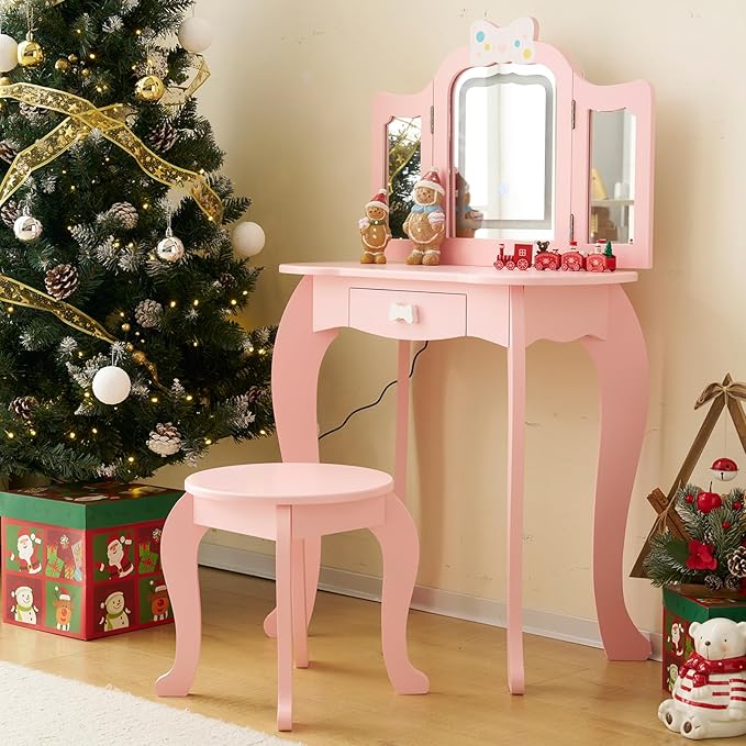 Kids Vanity Table and Chair Set, Girls Vanity Set with Mirror & 3-Color LED Lights, Pretend Play Kids Vanity with Drawer & Cute Bow Print, Makeup Dressing Princess Table for Girls, Pink