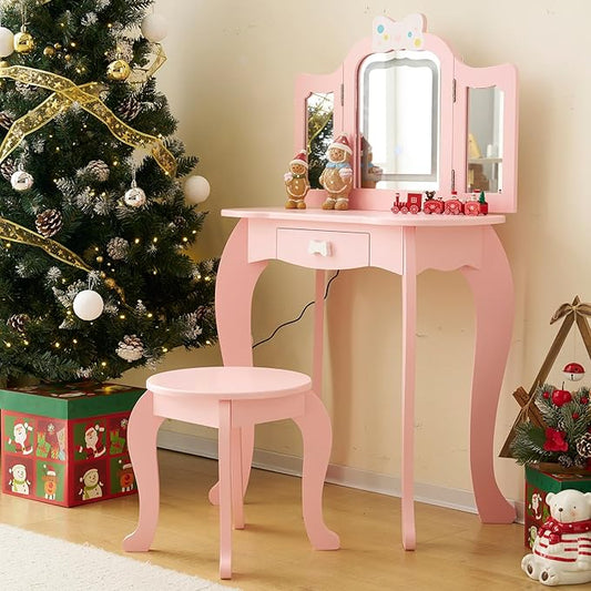 Kids Vanity Table and Chair Set, Girls Vanity Set with Mirror & 3-Color LED Lights, Pretend Play Kids Vanity with Drawer & Cute Bow Print, Makeup Dressing Princess Table for Girls, Pink