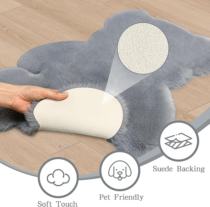 4x5.3 ft Grey Bear Shaggy Large Rug, Soft Fluffy Faux Sheepskin Fur Rug Fuzzy Shag Area Rug Cute Plush Carpet for Nursery Kids Girls Bedroom Room Aesthetic Living Room Floor Home Decor, Grey