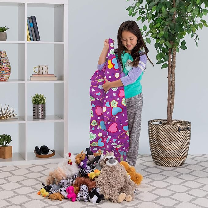 Posh Creations Stuffable Kids Stuffed Animal Storage Bean Bag Chair Cover - Childrens Toy Organizer, Large-38 - Canvas Multi-Colored Hearts on Purple