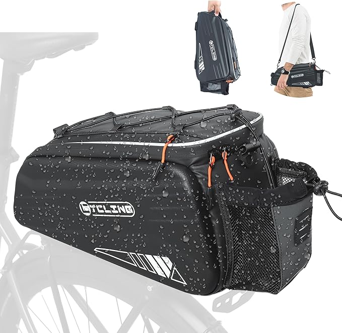 Bike Bags for Bicycle Rear Rack - 10L EVA Hard Shell Waterproof 3-in-1 Ebike Trunk Cargo Pannier Bag with Reflective Strip & Shoulder Strap for Commuter Travel Outdoor Cycling Accessories