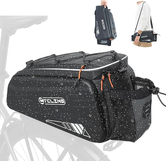 Bike Bags for Bicycle Rear Rack - 10L EVA Hard Shell Waterproof 3-in-1 Ebike Trunk Cargo Pannier Bag with Reflective Strip & Shoulder Strap for Commuter Travel Outdoor Cycling Accessories