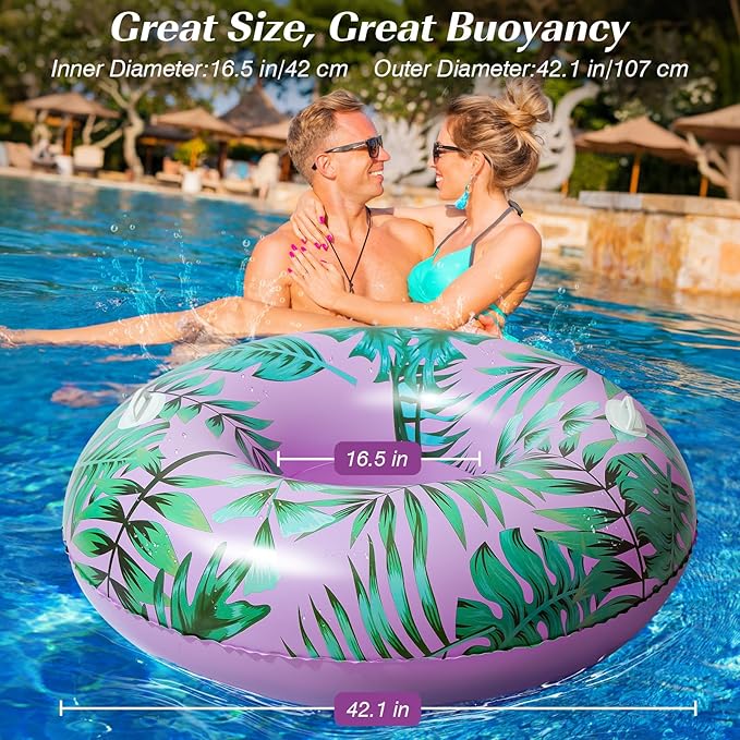 HeySplash Pool Tubes for Adult, 42 Inch Large Pool Floats with Handles, Inflatable Swim Rings Lounge, Hawaii Fun Swim Floaties Swimming Pool Beach Lake River Party Decoration Toys, Pink+Green Leaves