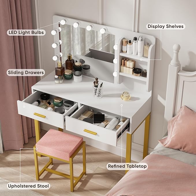Makeup Vanity Desk with Lights,White Vanity with Lighted Mirror,Vanity Desk with 2 Storage Drawers,Vanity Set with Bench