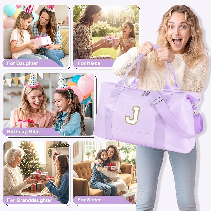 Dance Gym Duffel Bag for Teen Girls, Personalized Initial Travel Weekender Bag,Cute Overnight Carry On Duffle for Women,Sports Travel Cheer Bag,Monogram Christmas Gifts for Tween Preppy(purple-J)