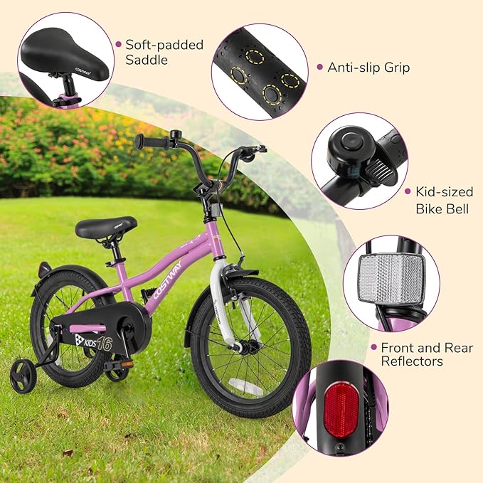 COSTWAY 12/14/16/18 Inch Kids Bike, Children Toddler Bicycle with Training Wheels, Adjustable Seat & Handlebar, Handbrake & Coaster Brake, Reflectors, Bell, Suitable for 3-8 Years Old Boys Girls