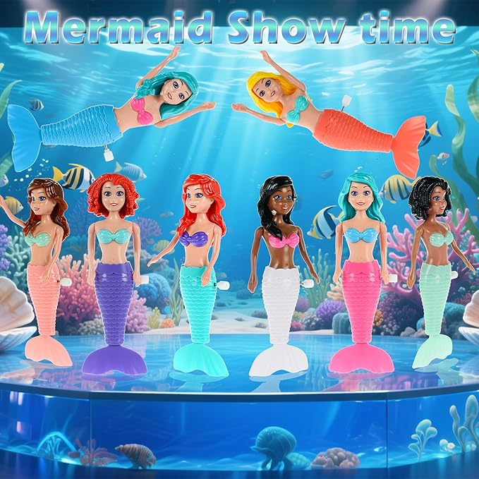 12-Pack Wind-Up Mermaid Bath Toys for Kids -Toddler Bath Toys for Kids Moving Tail Priness Doll Diverse Hair Colors & Styles Mermaids, Swimming Pool Party Favors