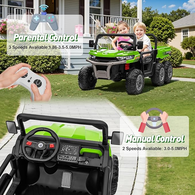 24V Ride on Dump Truck, XL 2 Seater Ride on Cars with Remote Control, 4x200W Powerful Motors, 6-Wheel Suspensions, Electric Dump Bed, Shovel, Kids UTV for Boy Girl,Pure Green