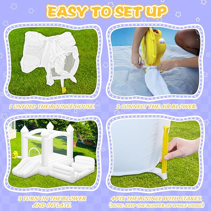 White Bounce House for Kids 3-8, Large Inflatable Bouncy House with Air Blower Slide Ball Pit Jumping 100 Balloons, Bouncy Castle for Party Birthday Wedding Event Indoor Outdoor (10x6x6FT)