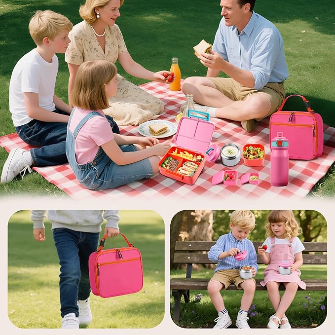 Bento Lunch Box for Kids with Thermos, Leakproof Bento Box with 8oz Insulated Food Jar, Insulated Bottle, Lunch Bag, BPA Free Dishwasher Safe 4 Compartment Container for School Girls Boys (Pink)