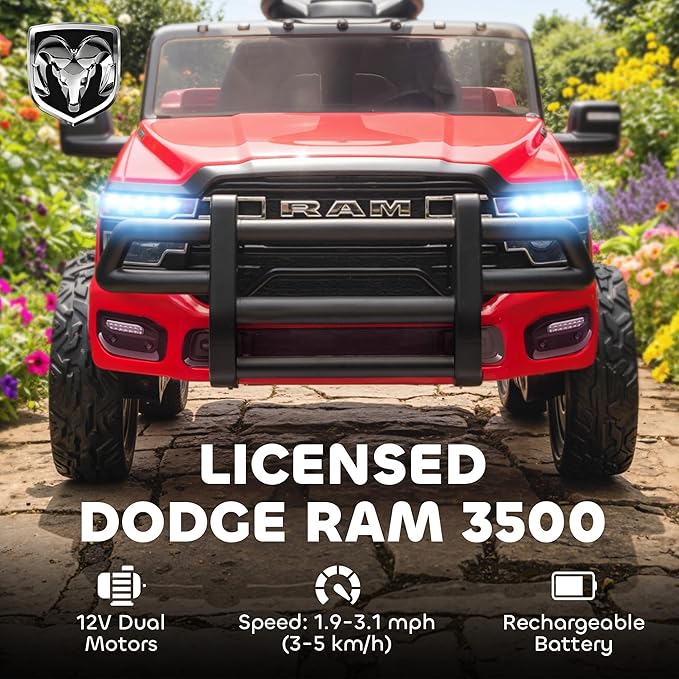 Qaba 12V Kids Ride on Car, Licensed Dodge RAM 3500 Electric Car for Kids with Dual Motors, Parent Remote Control, Rear Suspension, Power Display, Bluetooth Music and LED Lights, Red