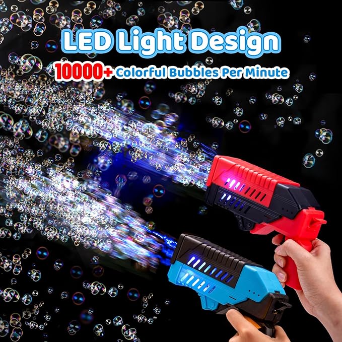 SHCKE 2 Pack Bubble Guns with Lights, Bubble Gun for Kids, Built-in Bubble Tank & One-Hand Flip Lid, Bubble Blaster for Parties, Wedding, Camping, Birthday Gifts, Christmas