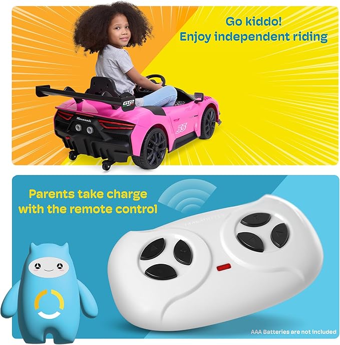 Kidzone 12V Ride On Car for Kids,Licensed Maserati GT2 Electric Battery Powered Sports Car Toy w/Remote Control & Manual Drive, LED Lights, Bluetooth & USB & AUX Port - Pink